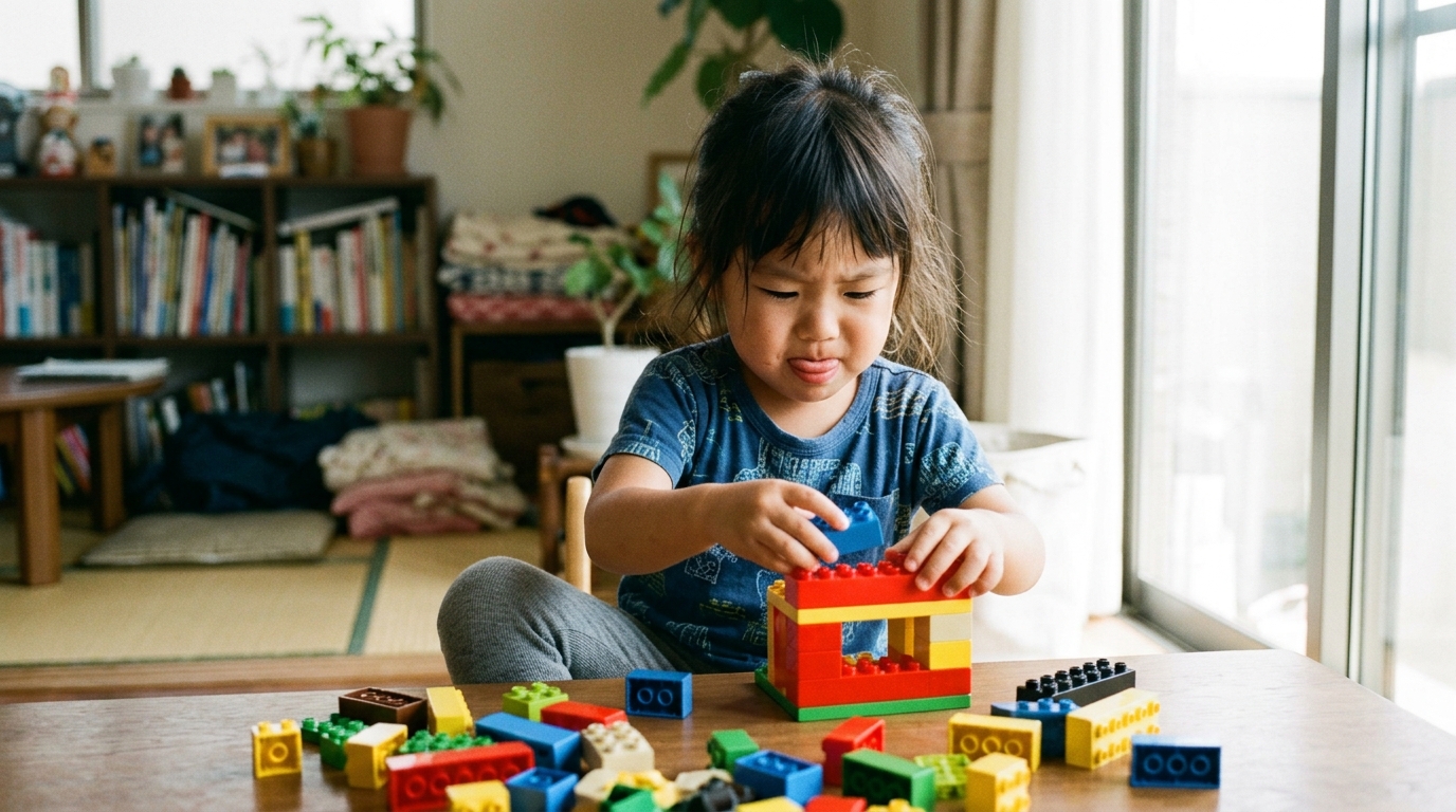 真剣な表情でブロックを組み立てる子どもの写真
